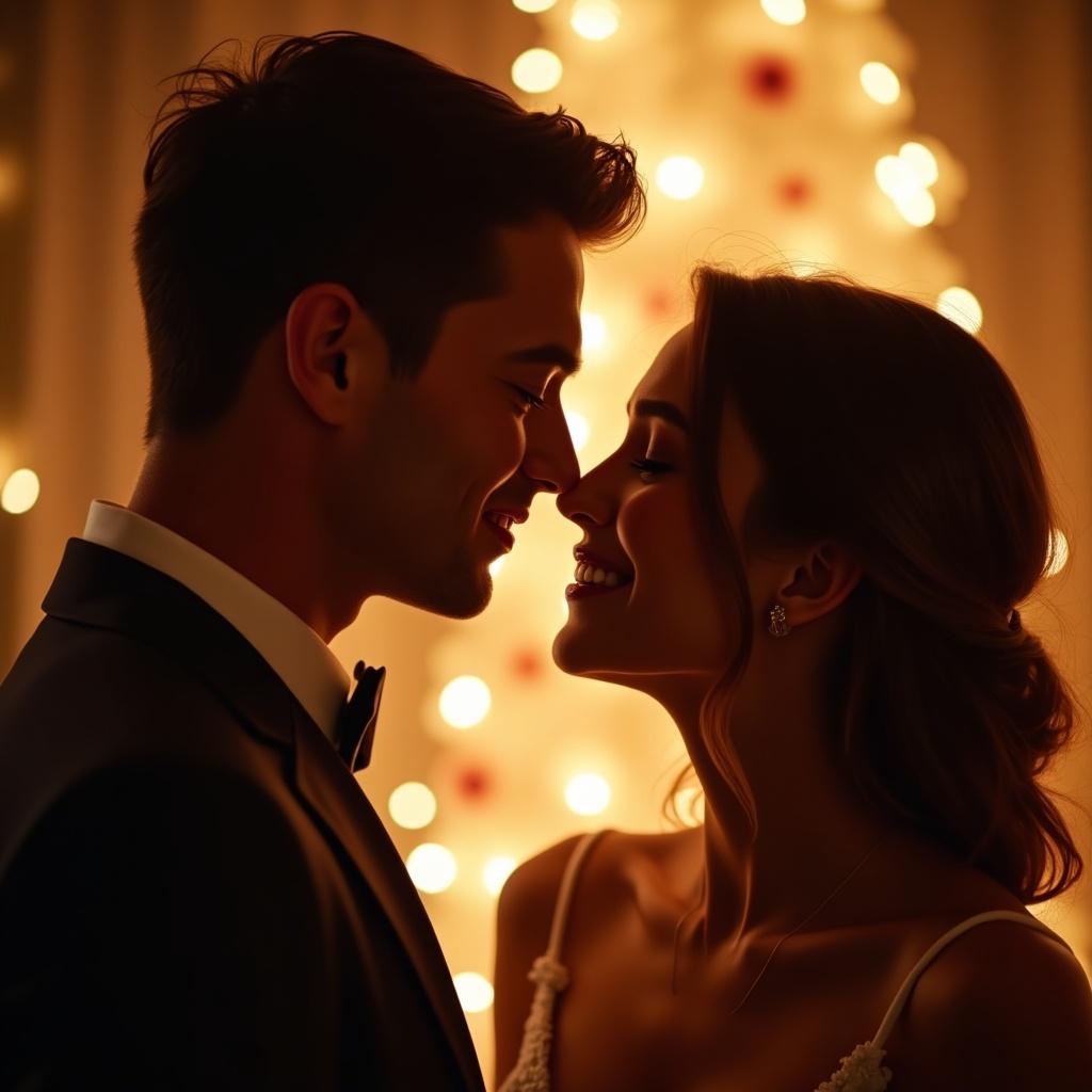 Couple leaning in for a kiss with a romantic background of soft lights. Emphasis on the intimate moment shared between them, creating a sense of love and connection.