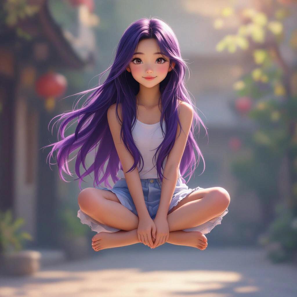 Realistic young girl with long purple hair sitting gracefully in midair in a serene outdoor setting