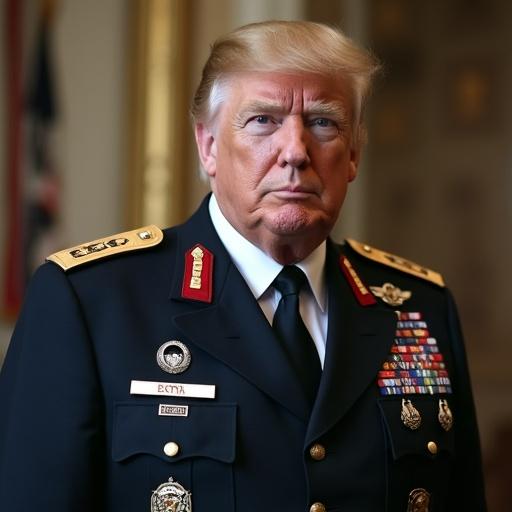 Man in military uniform standing in a formal setting. Expression is serious. Decorations and badges evident on the uniform. Background hints at a historical or political context.