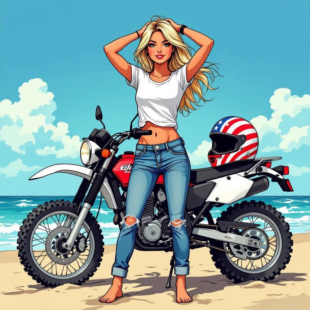 Blonde girl in a white t-shirt and short jeans stands at the beach beside an offroad motorcycle. Helmet with USA flag sits on the bike. One hand in hair and the other in waistband. The scene is drawn in comic-book-style.