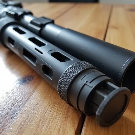 Close-up view of an AR-15 suppressor handguard. Black texture and detailed design are visible. Surface shows craftsmanship of the firearm accessory. Wooden surface beneath adds contrast.