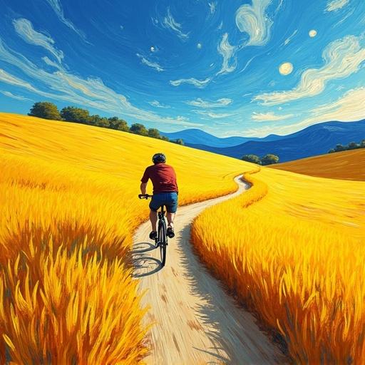 A lone cyclist rides through fields. Vibrant yellow and blue colors. Energetic atmosphere. Curved path through the landscape. Rhythmic textures of the fields. Dynamic brushstrokes and swirling patterns. Directional movement in the artwork.