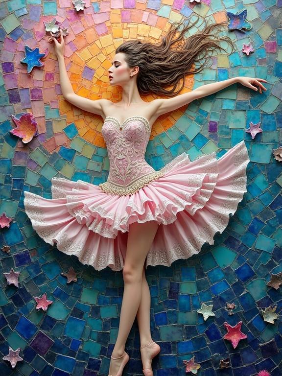Ballerina poses dynamically on a mosaic of tiles and glass. Dress is pink and layered. Background has multi-colored stars.