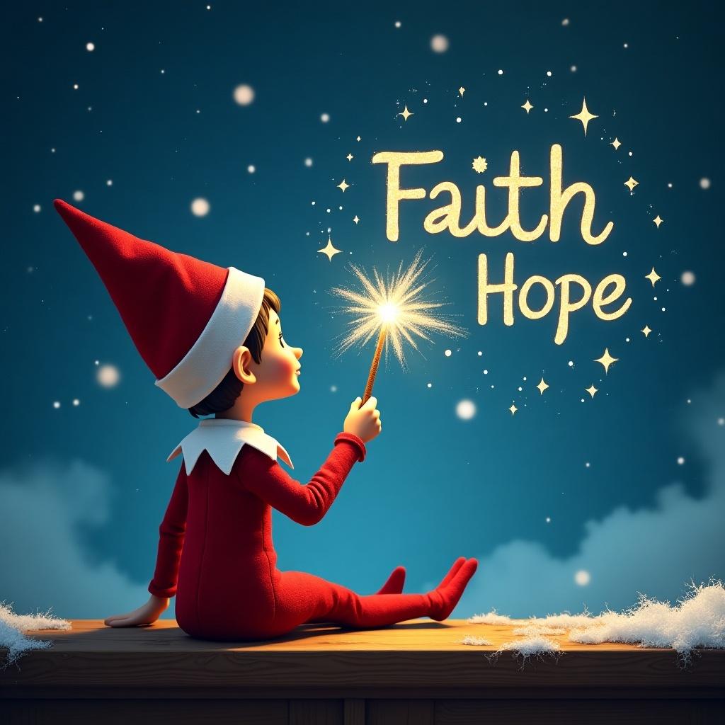 An elf sits on a wooden ledge with its back to the camera, gazing at a magical sky. The elf, dressed in a red outfit with a pointed hat, holds a sparkling wand. With the wand, the elf elegantly writes the names 'Faith' and 'Hope' in the starry sky. This whimsical scene captures the essence of childhood magic and Christmas cheer. The background features a deep blue sky sprinkled with stars, enhancing the magical atmosphere.