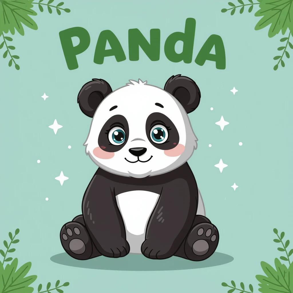 Create a character image of a cute panda for a virtual pet game. The panda should look friendly with big eyes and a smiling expression. The background should be colorful and inviting. Include the word 'Panda' in a playful font.