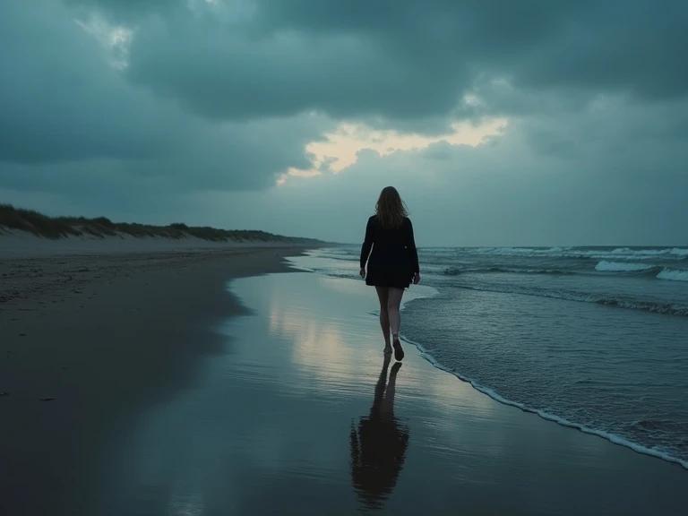 The scene depicts a peaceful beach in North Frisian during dusk. A silhouette reveals a plump woman wearing a mini skirt walking along the shoreline. Distant sand dunes are noticeable. The sky above Nordstrand appears gloomy, which brings a sense of mystery and quiet tension.