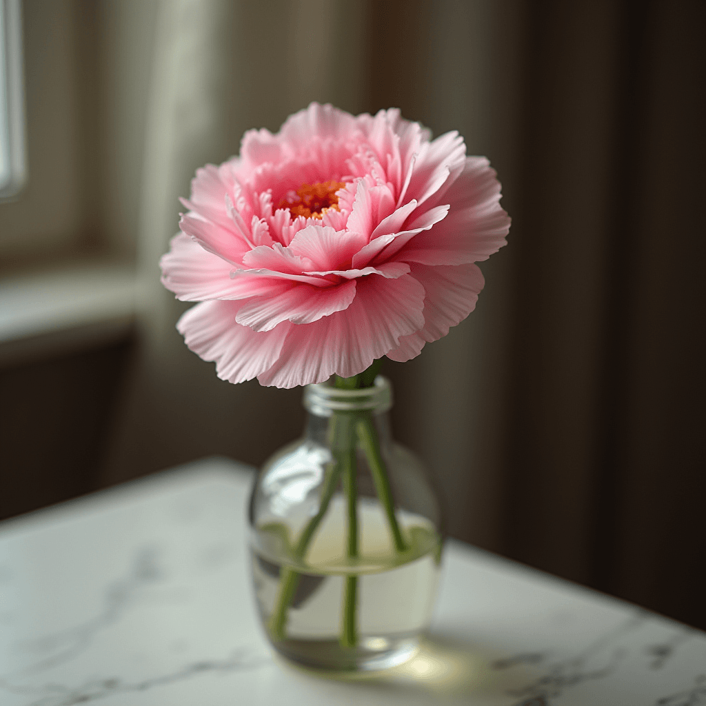 A delicate pink flower with ruffled petals stands elegantly in a small, clear glass vase, filled with water, placed on a light-colored, marbled surface.