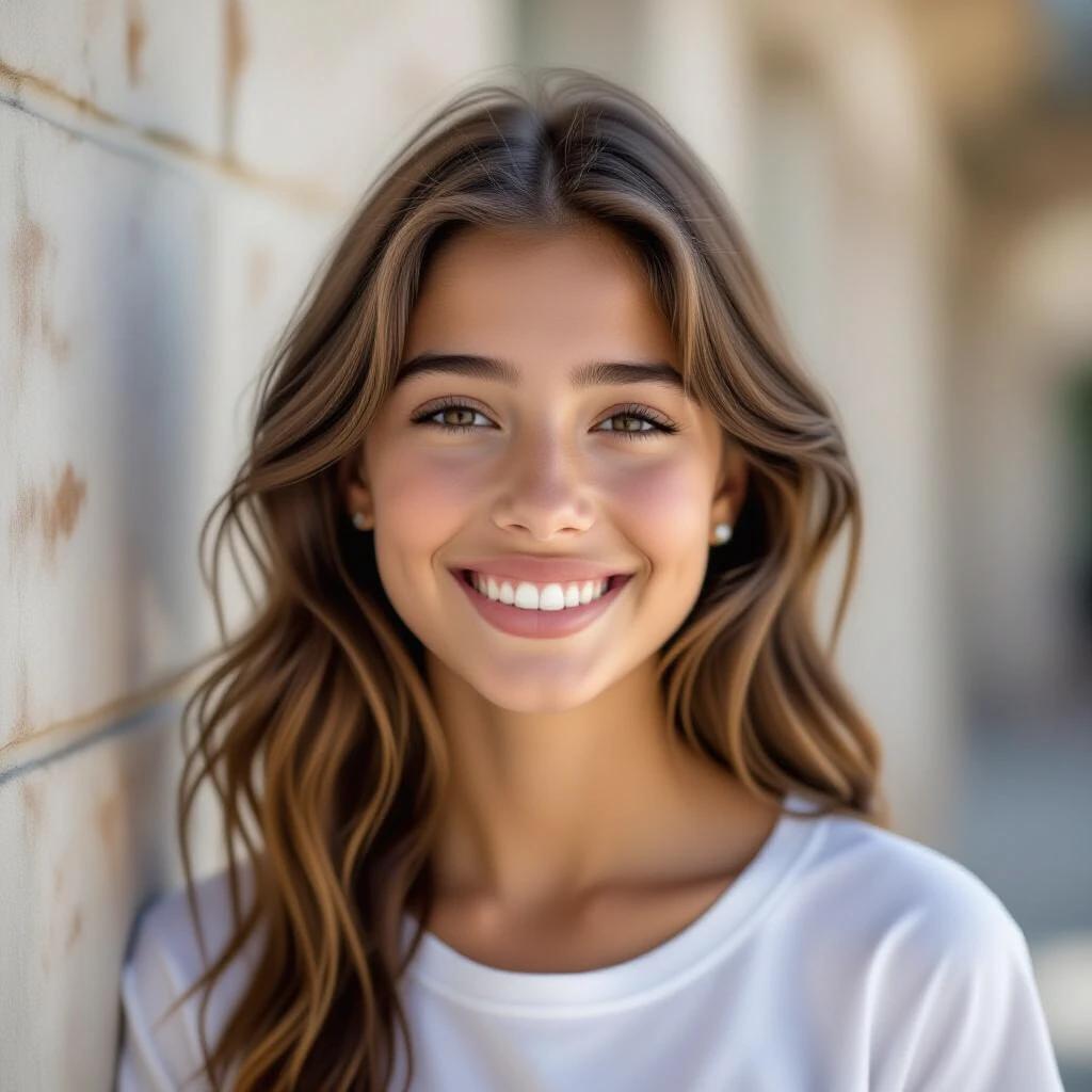 Blonde girl with soft waves wearing a casual white shirt. The background features soft architectural elements. The lighting is natural and highlights her hair and shirt.