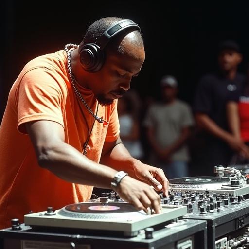 DJ Errol Reid performing energetic turntable tricks during the 1992 Ortophone World DJ Mixing Championships. He is using two turntables and a mixer positioned on the right. The energy of the event is palpable as he mixes fast-paced tracks.