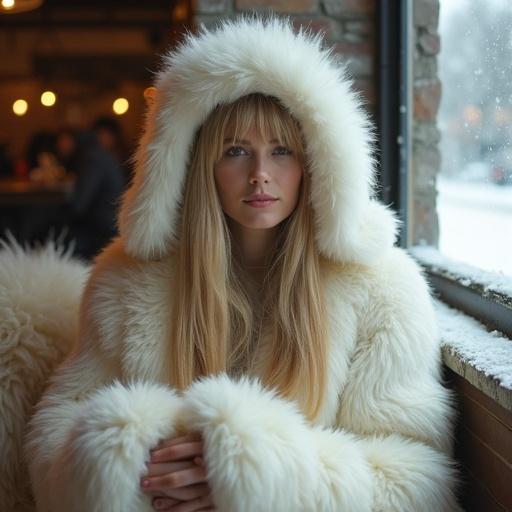 Scene in a cafe with a gorgeous blonde woman. She has long hair and bangs. She wears a fluffy white fur jacket and hat. Cold winter day outside. Snow visible. She looks shy and cozy, holding herself while sitting on a fur blanket.