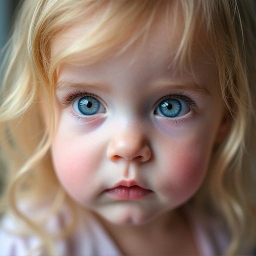 Close-up photo of a baby girl with big blue eyes and blonde hair
