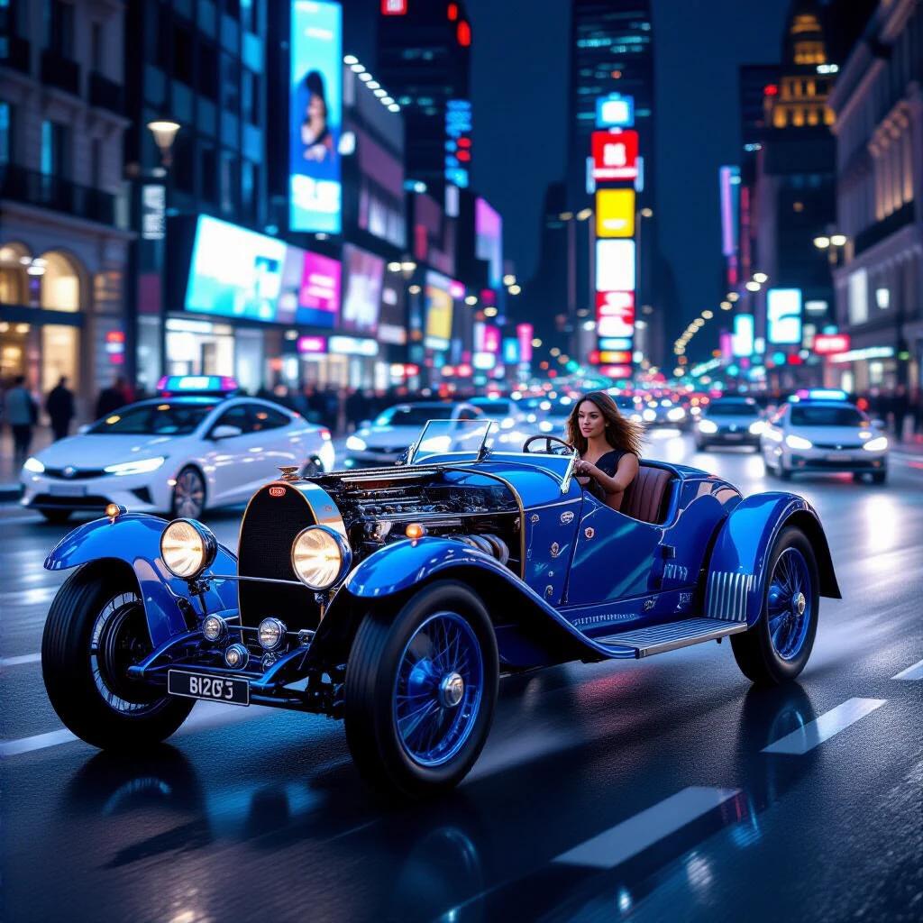 Photorealistic urban night scene in Paris with a vibrant blue 1924 Bugatti T35. Car moving at high speed along the Champs-Élysées. Exposed engine piping and chrome wire wheels in sharp detail. Background includes a blurred river of self-driving pods and bright holographic advertisements on the wet asphalt. Captured in ultra-sharp detail during golden hour.