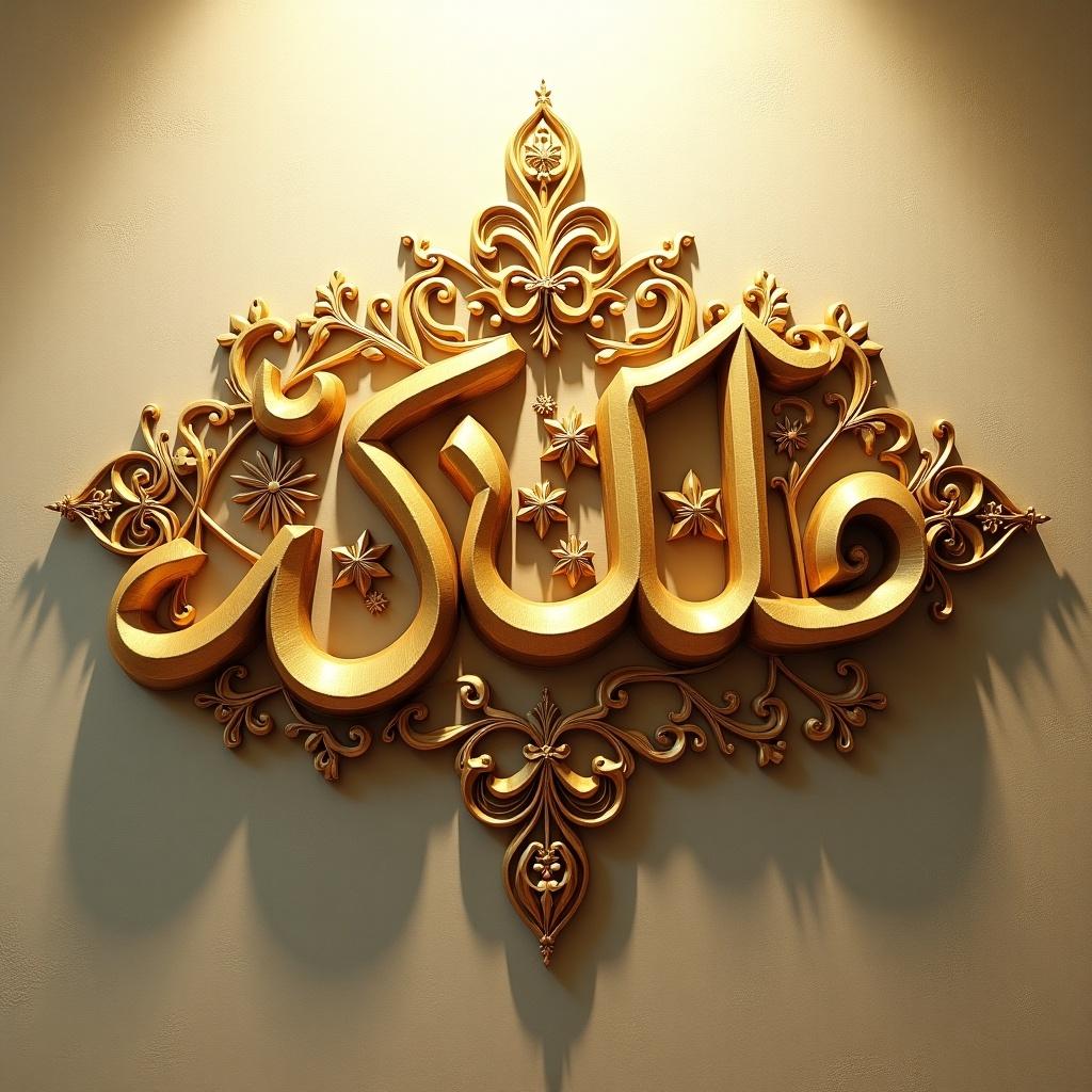 This image showcases ornate Arabic calligraphy featuring the word 'حياة', which translates to 'life' in English. The calligraphy is intricately designed, exhibiting a three-dimensional quality in warm golden tones. It is set against a textured background that enhances its decorative appeal. The letters are elegantly adorned with floral and star patterns, adding to the overall beauty. Soft lighting illuminates the piece, creating a tranquil and uplifting atmosphere. This artwork exemplifies the rich artistic heritage of Arabic script and serves well in various cultural contexts.