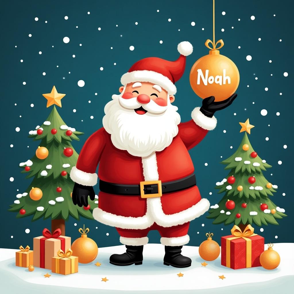 Adorable illustration of Santa Claus in red suit with fluffy white beard. He joyfully holds a Christmas bauble with 'Noah' on it. Two evergreen trees with ornaments and snow surround. Nearby are beautifully wrapped gifts and golden baubles. Background is deep blue with falling snowflakes. Captures Christmas spirit and joy of giving.