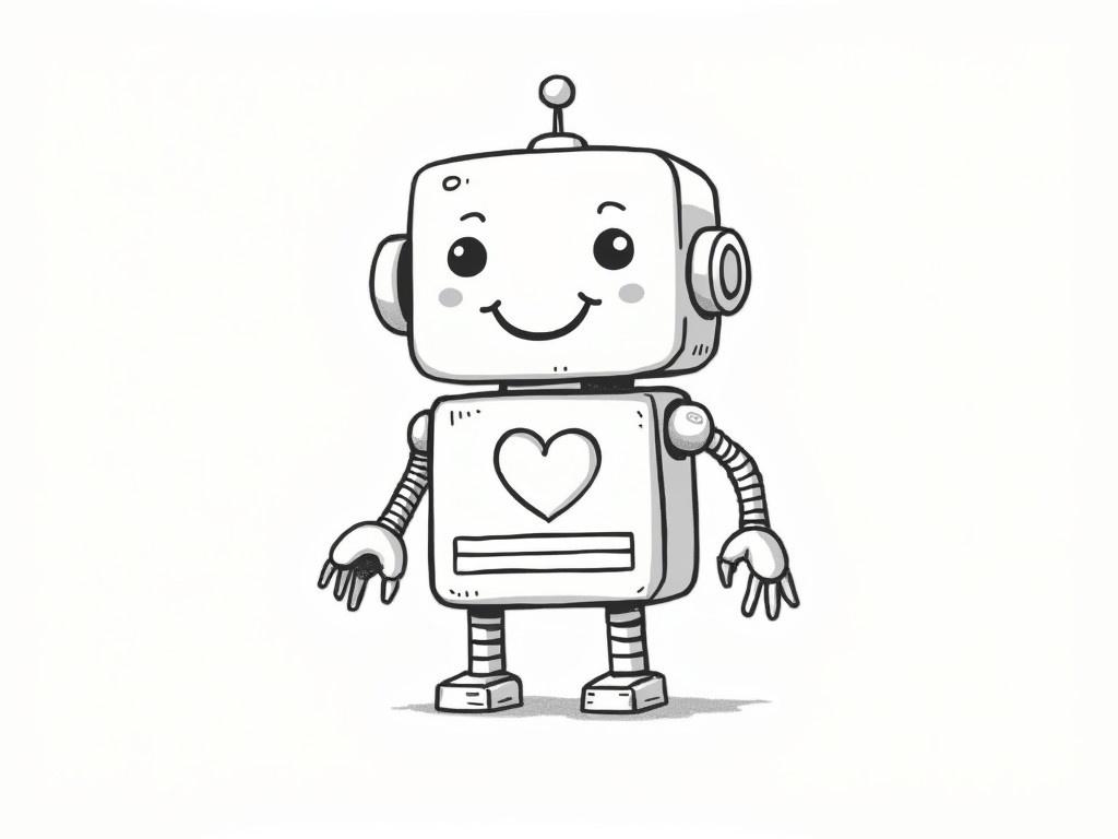 This is a sketch of a cute robot character. The robot has a rectangular head with a large, happy face, featuring a broad smile and a playful expression. It has a small antenna on top of its head and a mechanical arm on one side. The body is boxy with a heart design in the center, indicating it has a friendly personality. The legs are made up of thin, striped lines, giving it a whimsical look, and its hands have claw-like features.