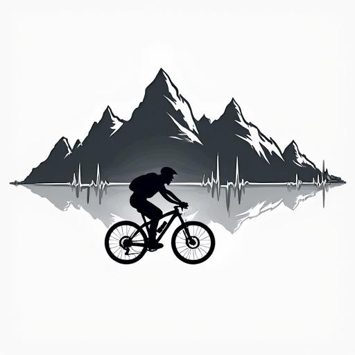 Mountain biking design. Cyclist silhouette riding through mountains. Integrated EKG pulse line in the background. Minimalist style. Perfect for cycling enthusiasts. Ideal for T-shirt graphics or outdoor apparel. Represents passion for biking and adventure.