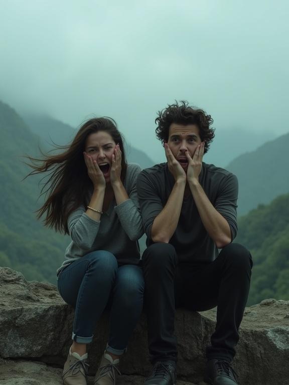 Intense scene with a couple on a rocky cliff. Vast misty landscape in the background. Woman has long hair flowing, hands on her face, mouth open in shock. Man beside her mimics her fear. Both exhibit panic. Background features fog-shrouded mountains. Lighting is moody and dim. Clothing appears disheveled. Wind ruffles hair and clothes, suggesting urgency.
