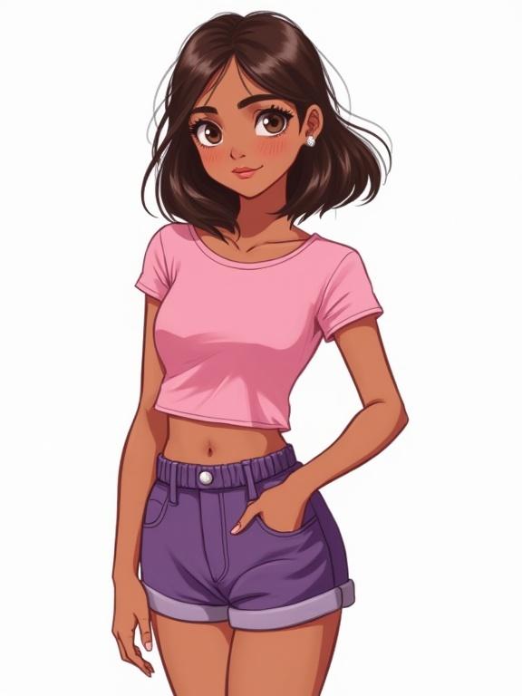 A young girl stands confidently wearing a pink top and purple shorts. She has brown skin and a bob hairstyle. Freckles adorn her cheeks adding charm. The background is white, emphasizing the character.