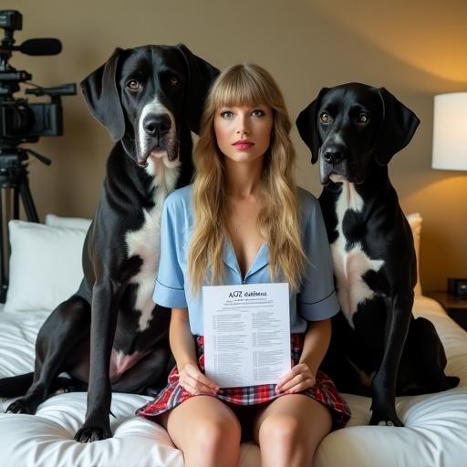 Gorgeous woman sits on bed between large dogs in hotel room. She wears a school uniform blouse and a plaid skirt. She holds a paper with 'AOZ auditions'. Two Great Danes, one behind her. Video cameras in background. Dynamic angle.