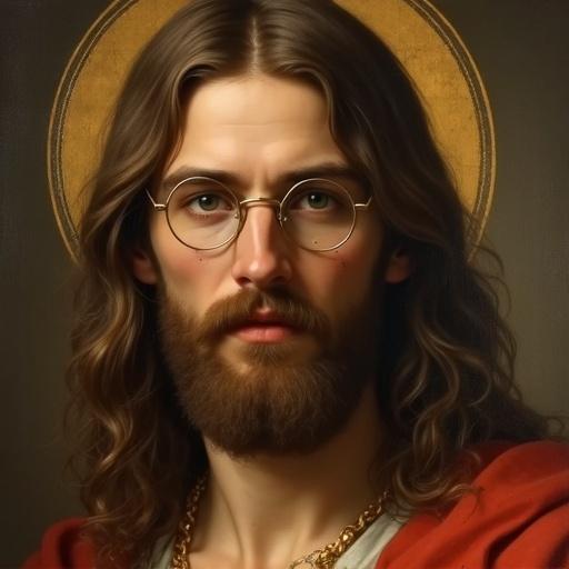 Classical painting representation of a man with long hair. The figure has round glasses and a septum piercing. A short beard enhances the facial features. Background features a halo effect to elevate the subject's resemblance to religious icons.