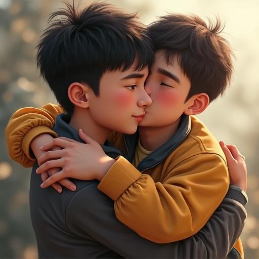 Lovely cute chubby young man showing personality skills in music with another male embracing each other warmly. Tender interaction capturing affection and closeness.