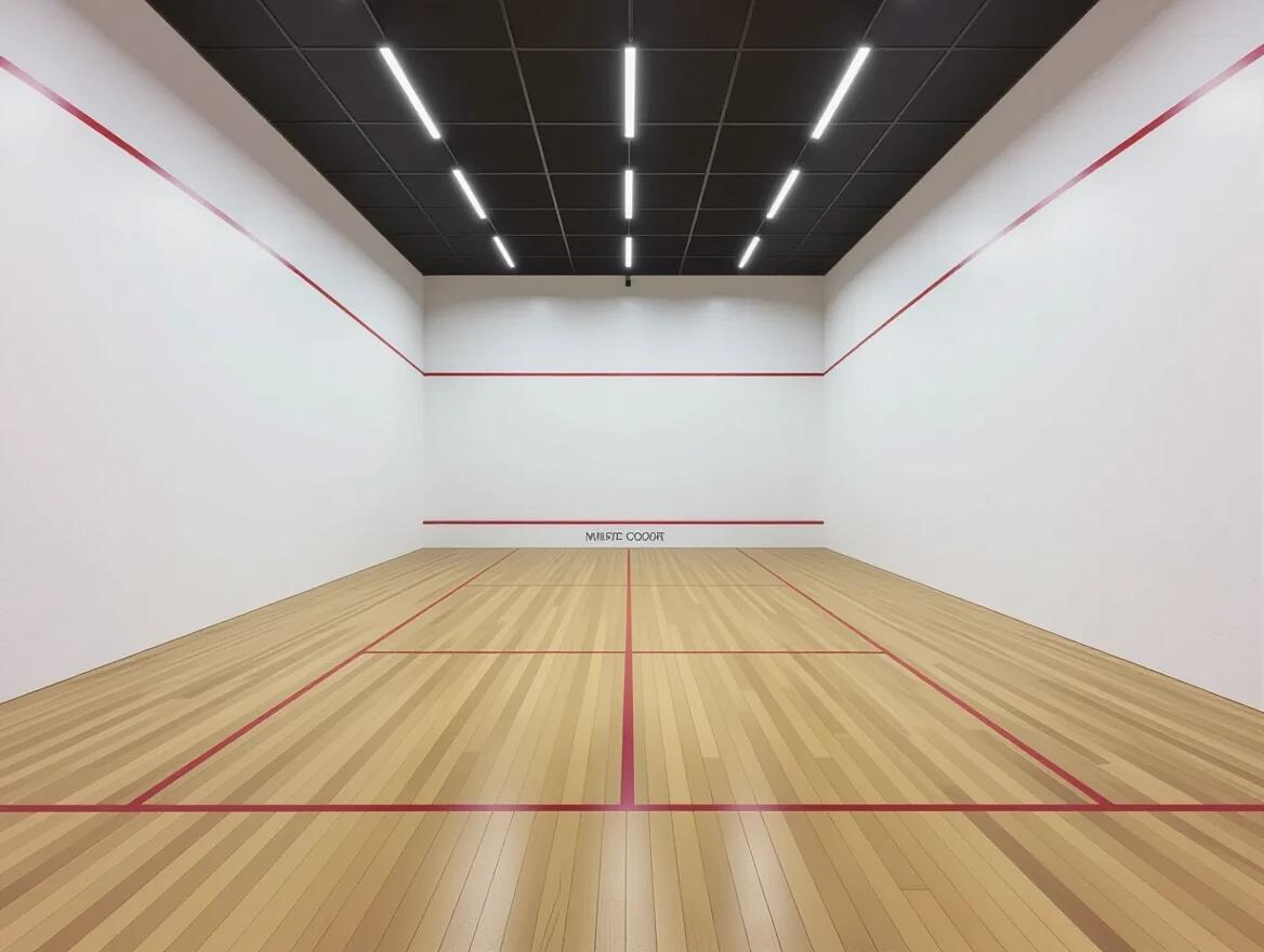 Indoor squash court with clean white walls and red markings. Visible court text and labels. Wooden flooring with clear boundary lines. Sharp and focused image, no blur. Professional squash lighting from ceiling. High realism and photorealistic textures. Empty court ready for play. 8k resolution and cinematic interior.