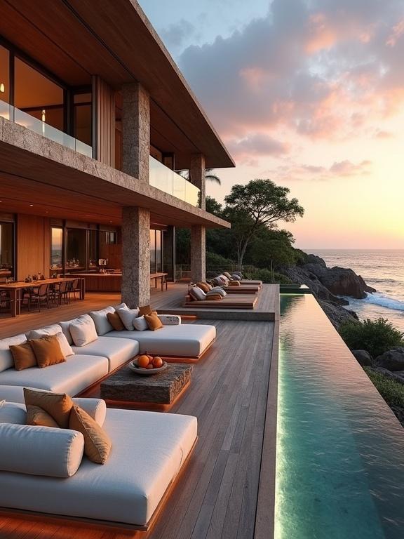 Luxurious beachfront villa at sunset. Two-story modern design with stone and wood elements. Open concept with large glass walls. Infinity pool facing ocean. Comfortable lounge area with beige sofas and earthy tone pillows. Cozy dining area visible through glass. Warm sunset colors reflected in water. Lush greenery around the property.