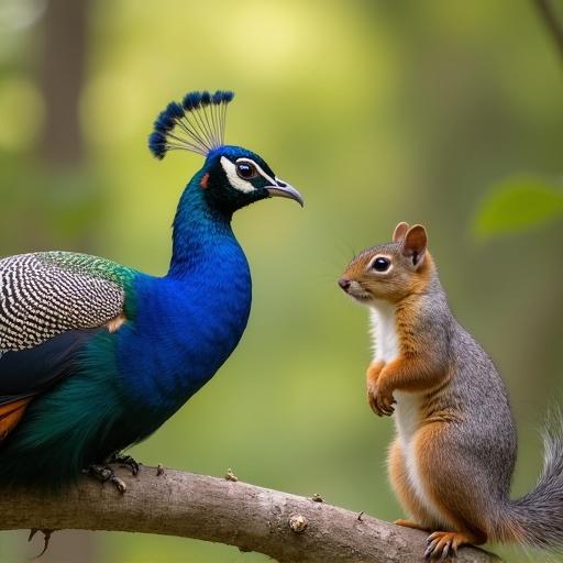 Peacock and squirrel on a branch in a natural setting. The peacock displays vibrant feathers while the squirrel appears curious. Both animals are interacting in a serene environment.