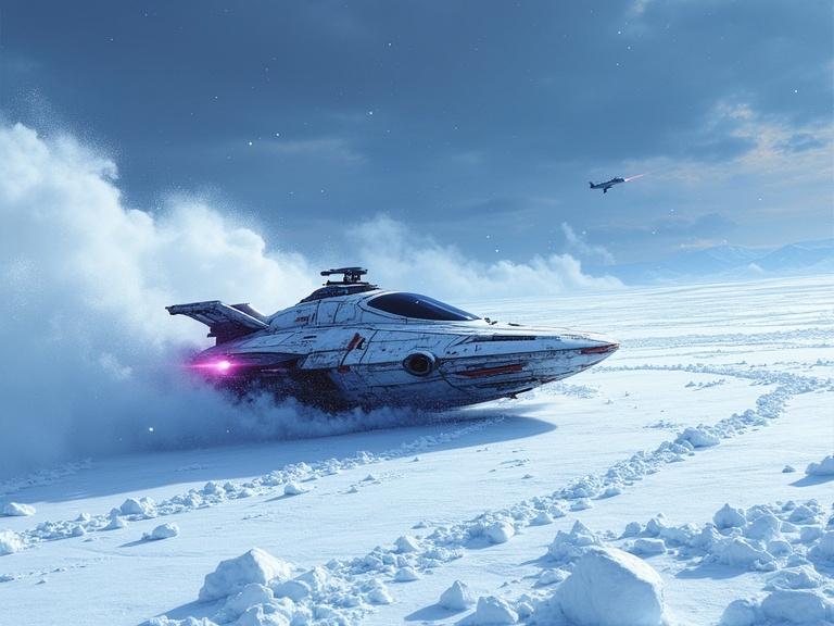 Sci-fi post-apocalyptic ice speeder races across frozen wasteland. Speeder kicks up snow and ice. High-speed blur effect noticeable. Sci-fi sky with orbital lights present. Terrific blizzard storm in background. Dark themed art. Cold color scheme of blue, white, purple, and black.