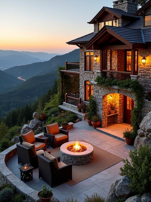 A mountain retreat with an outdoor living area. A stone cottage built into a hillside with warm lighting. A cozy patio features a fire pit, seating, and lush vegetation. The sunset creates a beautiful ambiance over the mountainous landscape.