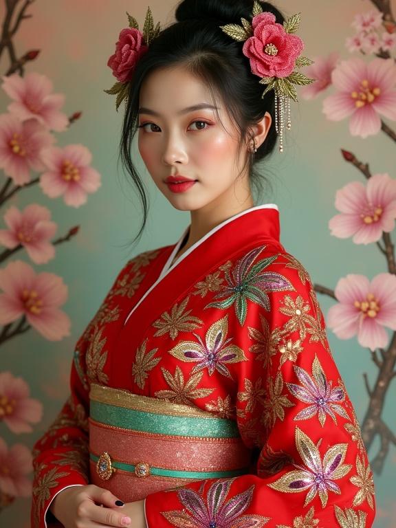 Portrait of a young woman in a red kimonostyle outfit adorned with gold embroidery. Background features cherry blossoms and a pastel color palette. She poses confidently, showcasing the intricate details and sparkles of her outfit.