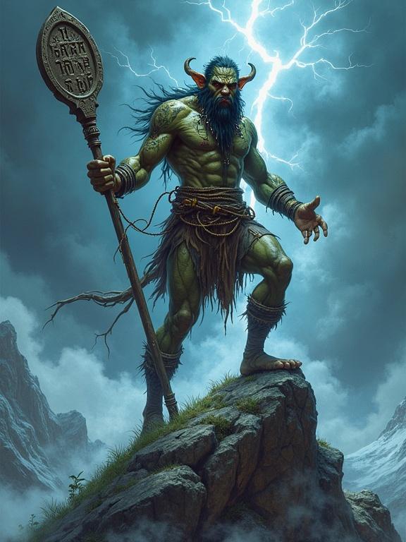 A wizened orc shaman stands atop a mountain peak. Tribal tattoos and bone jewelry adorn him. Lightning crackles around him. His expression is fierce. Ancient runes are carved into his staff. The style is a blend of fantasy and realism. Dynamic lighting creates a dramatic effect.