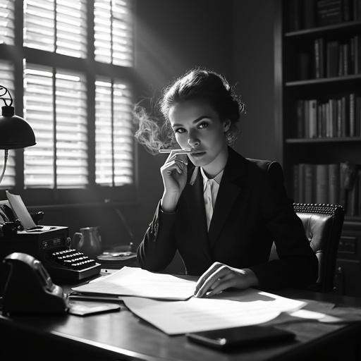 Black and white image depicts a lady detective in her office. Sunlight streams through venetian blinds creating shadows. She wears a tailored suit. Smoke from her cigarette curls in the air. Her expression is focused as she looks at a document. Desk cluttered with a vintage typewriter and a whiskey bottle. Bookshelves fill the room. The scene embodies a classic film noir atmosphere.