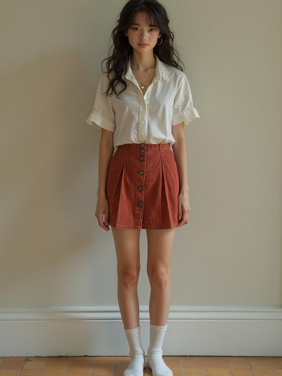 Model poses in a stylish outfit featuring a white blouse and a rust-colored skirt. Simple background complements the clothing. The model stands with socks and maintains a classic pose. Soft lighting highlights the ensemble.