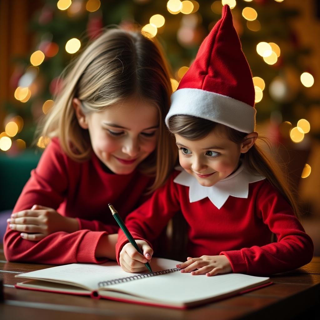 A child interacts with an Elf on the Shelf while writing in a notebook. The Elf wears a red suit and pointy hat. The scene has a festive atmosphere with Christmas lights.