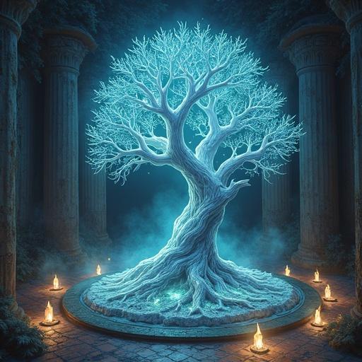 Dibujo de un árbol de cristal en medio de un salón de fantasía. Un árbol resplandeciente rodeado de columnas con una atmósfera mágica.