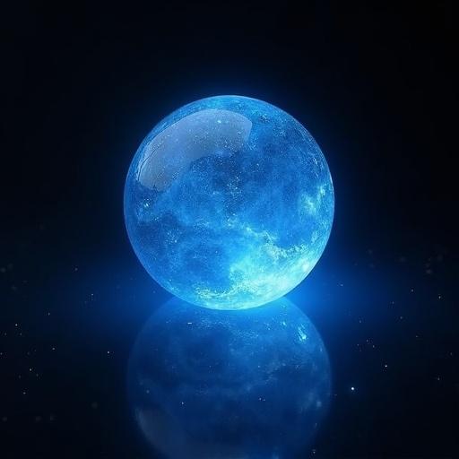 Glowing blue crystal orb radiates a black aura. The orb appears luminous and ethereal, reflecting light on a dark background. The overall mood is mystical and enchanting.