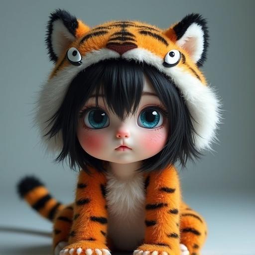 A furry character resembling a tiger. The character has vibrant tiger stripes and fluffy fur. Animal features like ears and a tail are prominent. The character possesses blue eyes and black hair, contributing to its unique appearance.