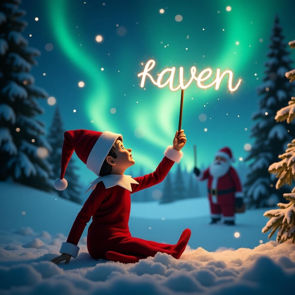 An enchanting Christmas scene featuring an elf with its back to us. The elf writes 'raven' in the night sky using a wand. The background has stunning northern lights and Santa Claus in the distance. Snow blankets the ground, creating a winter wonderland. This scene captures holiday joy and wonder.