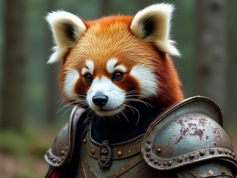 Realistic fantasy movie scene featuring a humanoid panda knight in draconic armor with red hair and scars, standing in a forest setting.
