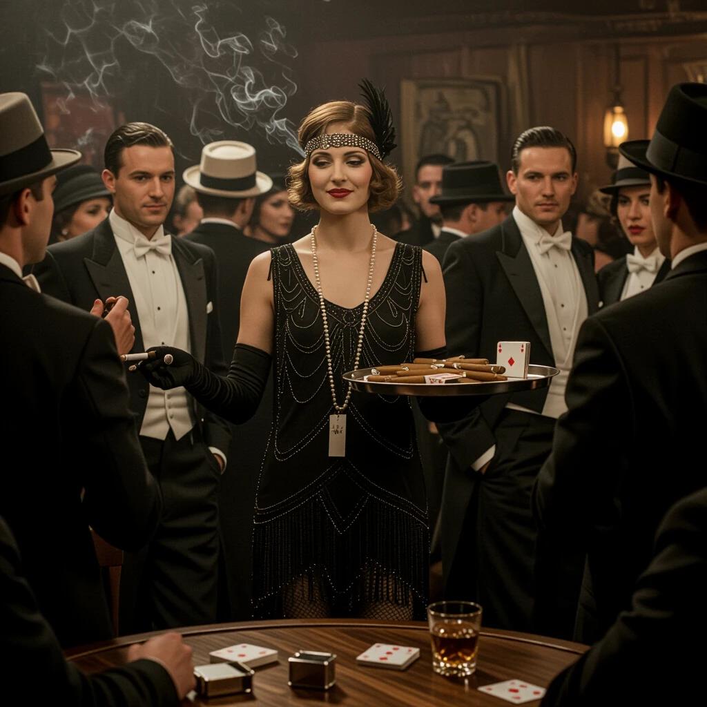 Scene set in 1920s speakeasy. A cigarette girl wearing a black beaded dress moves through a lively crowd. She carries a tray filled with cigars and playing cards. Patrons in tuxedos engage with her. Atmosphere filled with smoke and music. Elegant vintage decor throughout the venue.