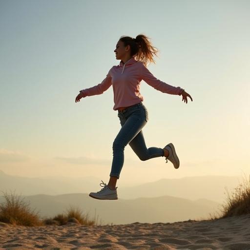 Young woman mid jumping jack in a natural setting with mountains in the background. She wears a light pink top and denim jeans. Her hair is in a ponytail. The scene is well lit, showcasing her movement.