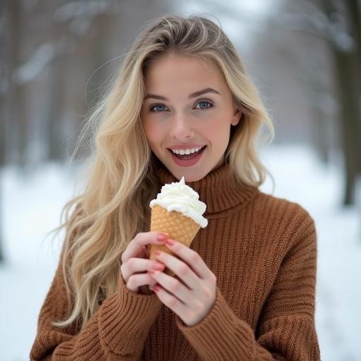 Young beautiful blonde woman is eating ice cream outdoors in snowy conditions dressed in a cozy brown sweater.