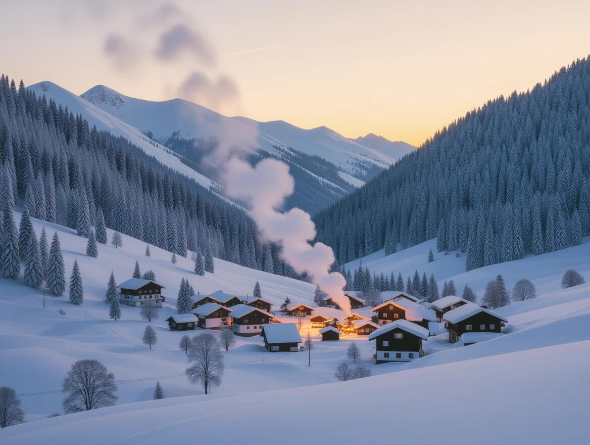 A serene mountain village is seen against a backdrop of majestic snow-covered mountains. Smoke rises from the chimneys of the cozy cabins. The sunset casts a warm glow over the scene, highlighting the peaceful atmosphere of the village. Snow blankets the ground and trees, creating a picturesque winter landscape.