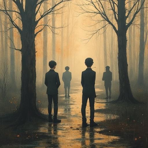 Abstract representation of trees and figures in a misty forest. Sideways view creates depth with silhouettes. Hazy transitions give a dreamlike quality. Figures reflect themes of mystery. Symbology of nature is highlighted.