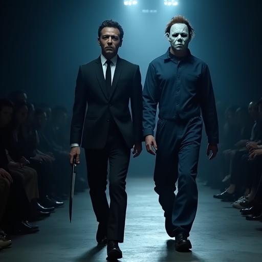 Ultra-realistic runway show featuring actor Nick Castle with Michael Myers from Halloween franchise. Nick Castle in charcoal black suit with white shirt and black tie. Michael Myers in navy blue jumpsuit, white mask, holding a bloody knife. Dim lighting with cold blue and white spotlights. Audience darkened to focus on duo.