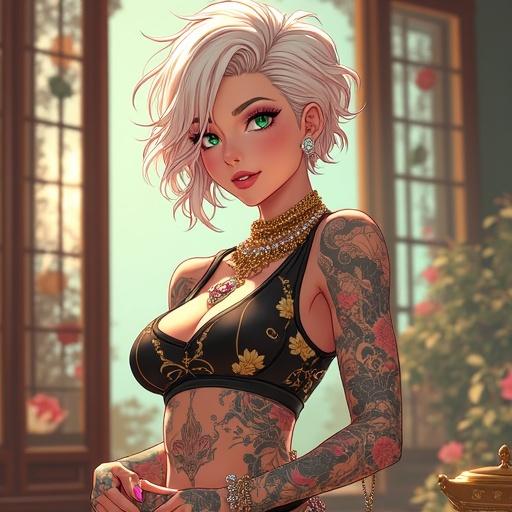 Anime character depicted in a luxurious teahouse. Woman with emerald green eyes and short light blonde hair. Wearing elegant and edgy streetwear. Features beautiful tattoos and jewelry. Modern yet traditional atmosphere. A-list celebrity appearance.