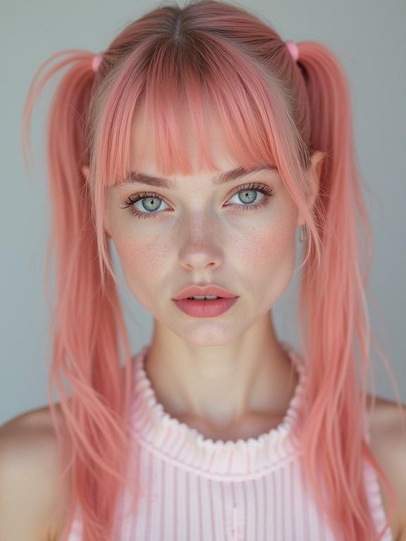 Portrait of a model with long pigtails in candycore style. Hair is pink. Skin is pale. Lips are light pink. Focus on facial features and hairstyle.