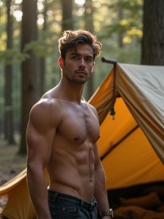 A shirtless handsome man with a muscular physique stands outside a tent in a sunlit forest. The man looks into the camera.