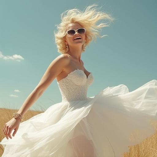Woman in a flowing white dress with llama head and sunglasses. Dress is blown by the wind. Bright sunny day.